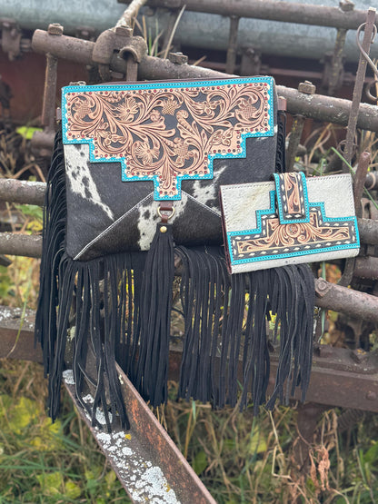 Black and Turquoise Genuine Western Cowhide Leather Purse with fringe by Double B Wild Rags