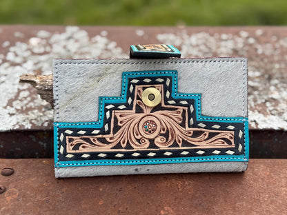 Black and Turquoise Genuine Western Cowhide Leather Purse with fringe by Double B Wild Rags