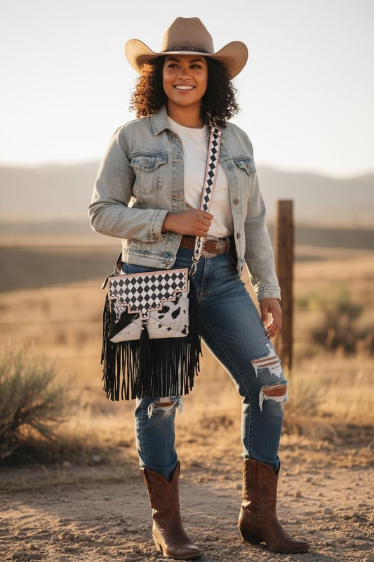 Checkered Black and White Genuine Western Leather Purse and Wallet Set by Double B Wild Rags