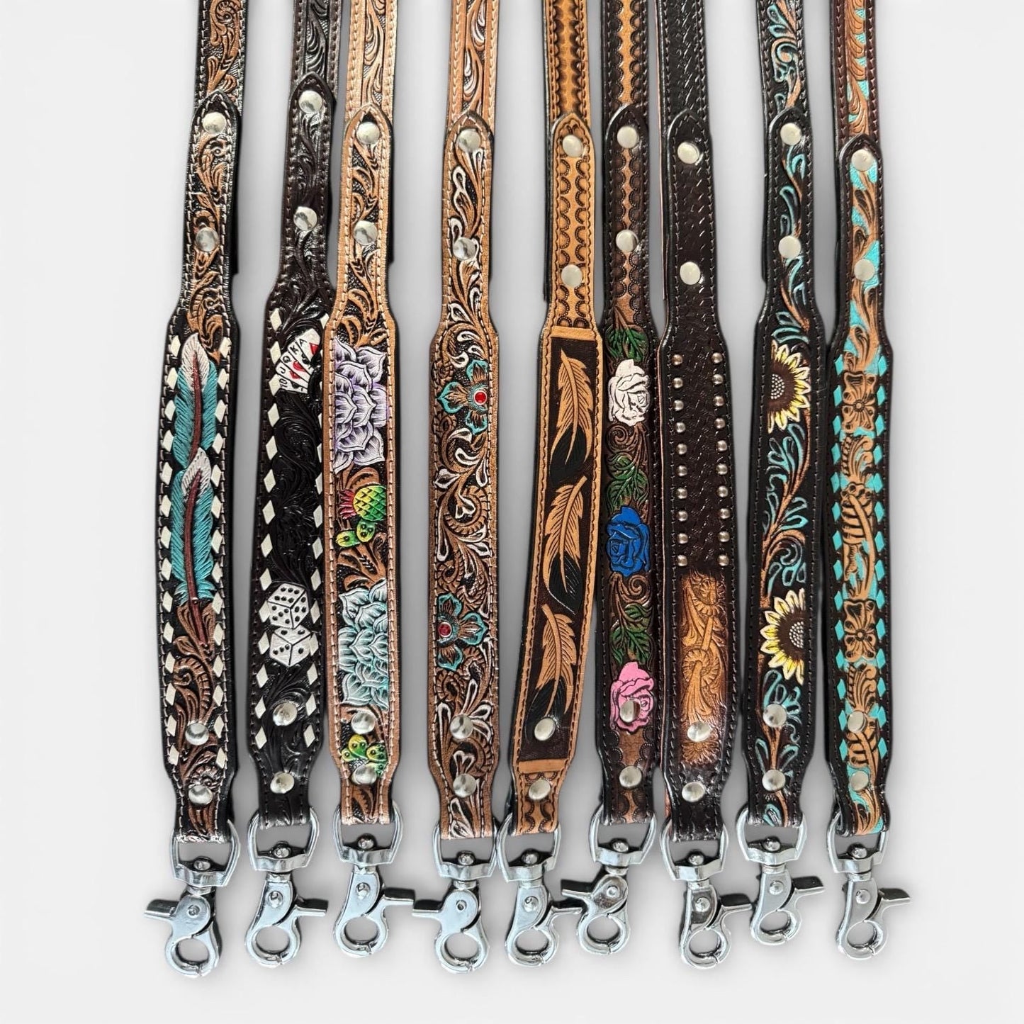 Western Genuine Leather dog collar tooled details aces cards sunflower feather rhinestone cactus floral by Double B Wild Rags