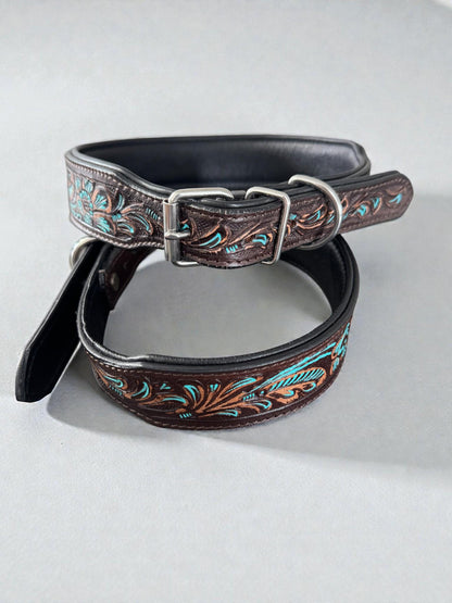 Western leather dog collar with Turquoise Floral details by Double B Wild Rags