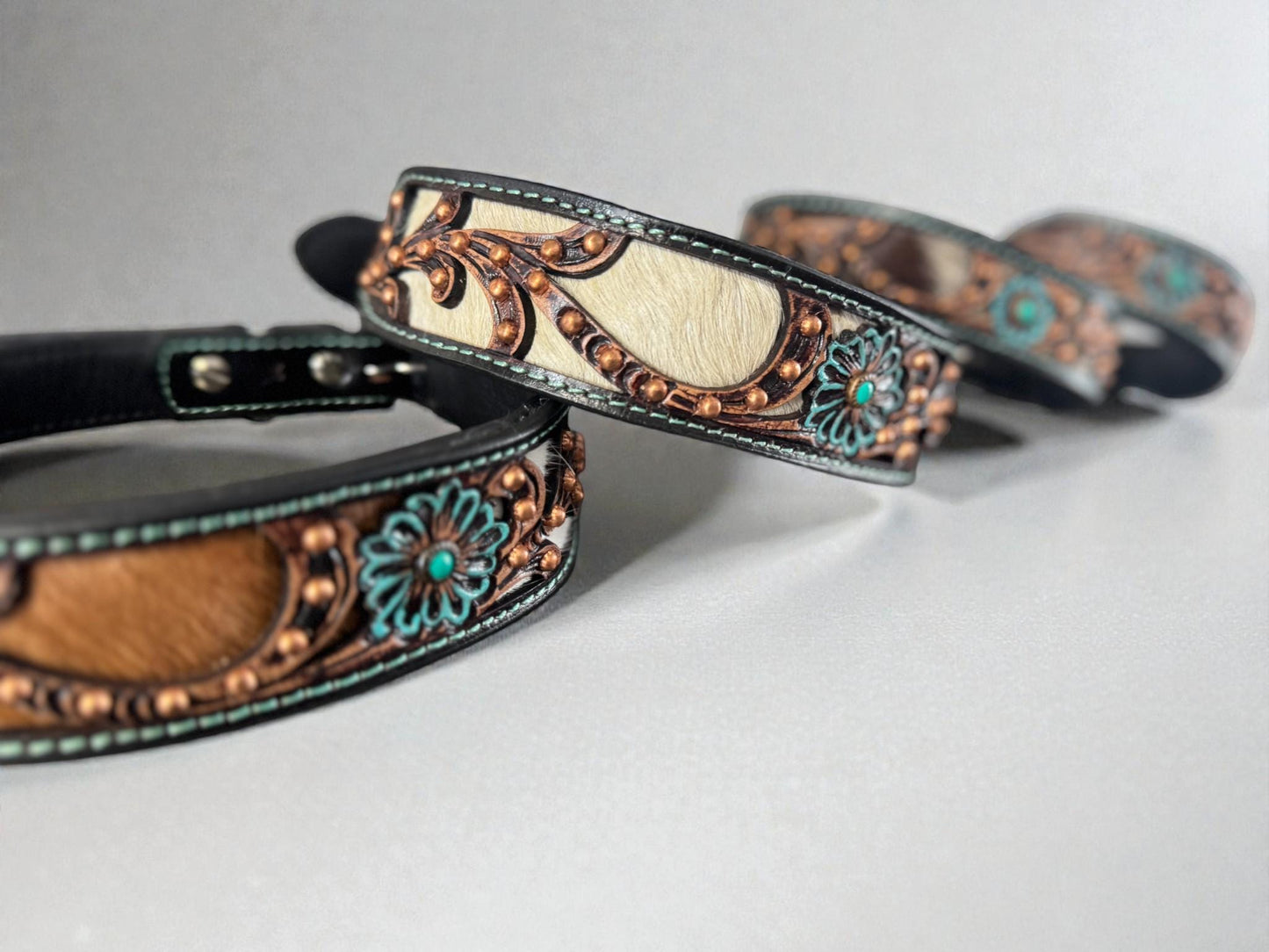 Western leather dog collar 3D inlay with Turquoise Floral details by Double B Wild Rags