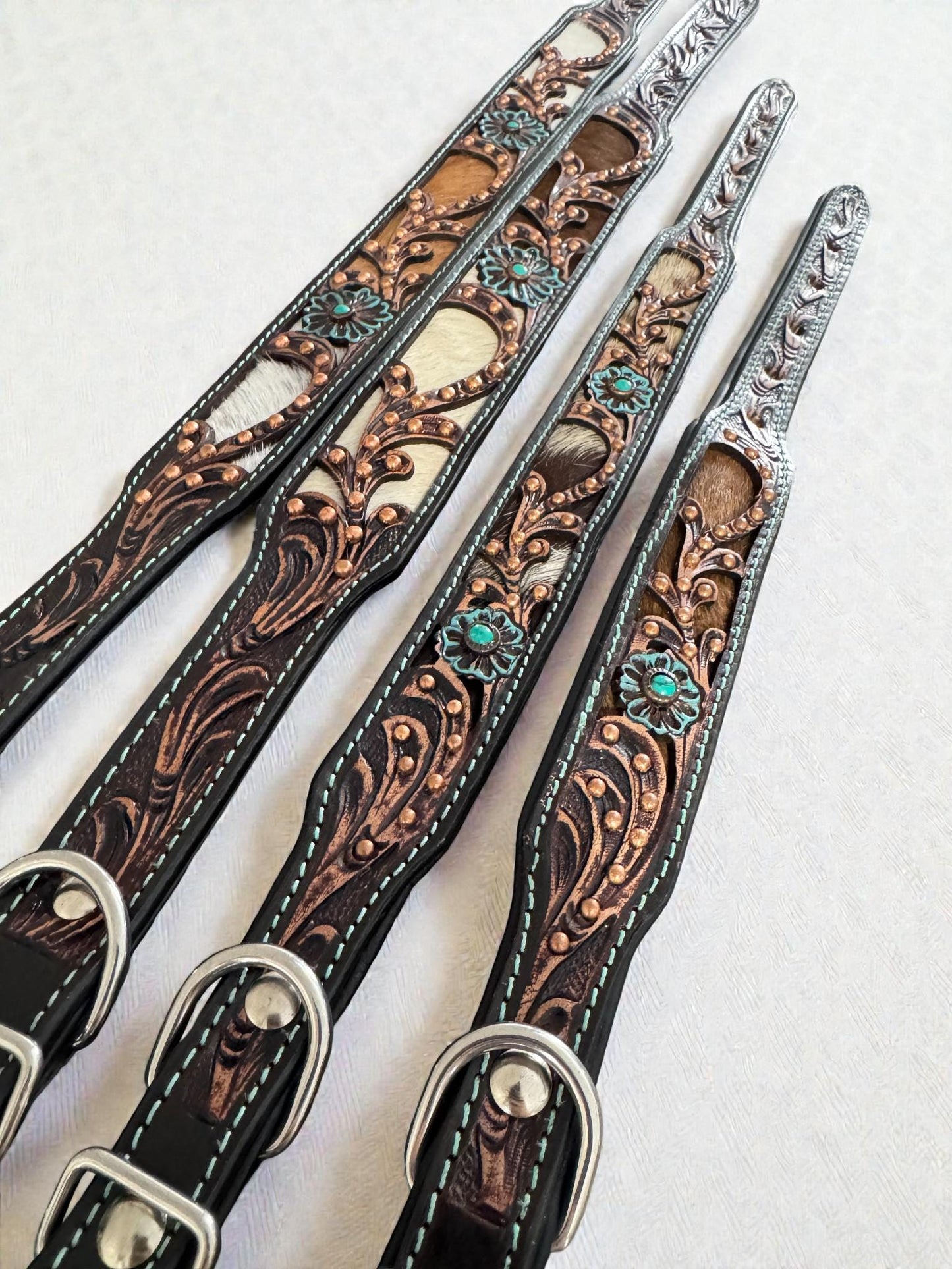 Western leather dog collar 3D inlay with Turquoise Floral details by Double B Wild Rags