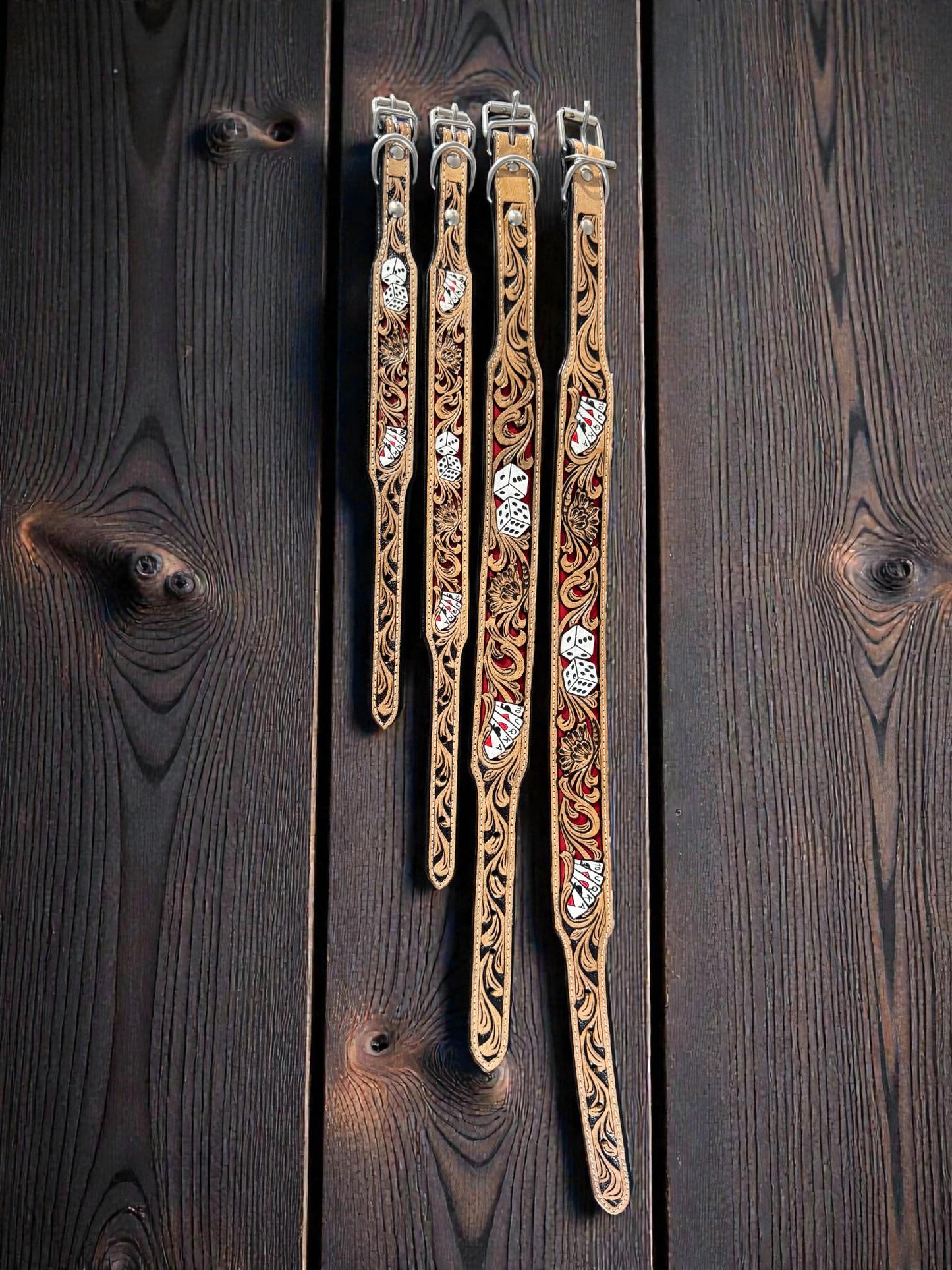 Handmade Western Leather Dog Collar: Cards & Dice Inlay