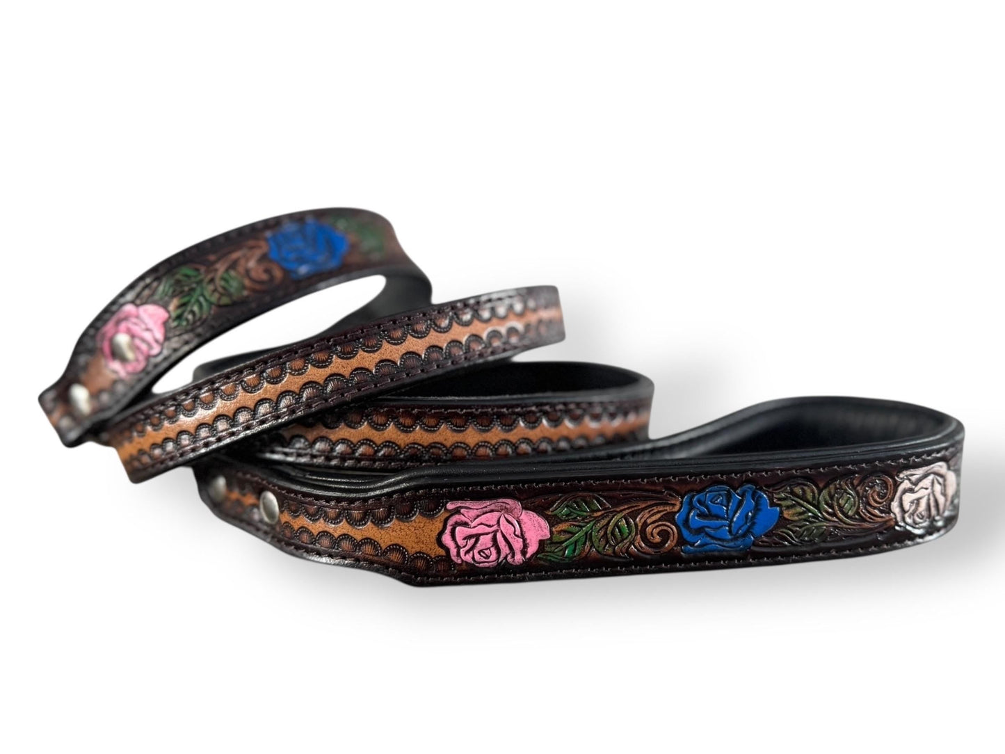 Western Genuine Leather dog collar tooled details aces cards sunflower feather rhinestone cactus floral by Double B Wild Rags