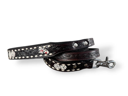 Western Genuine Leather dog collar tooled details aces cards sunflower feather rhinestone cactus floral by Double B Wild Rags