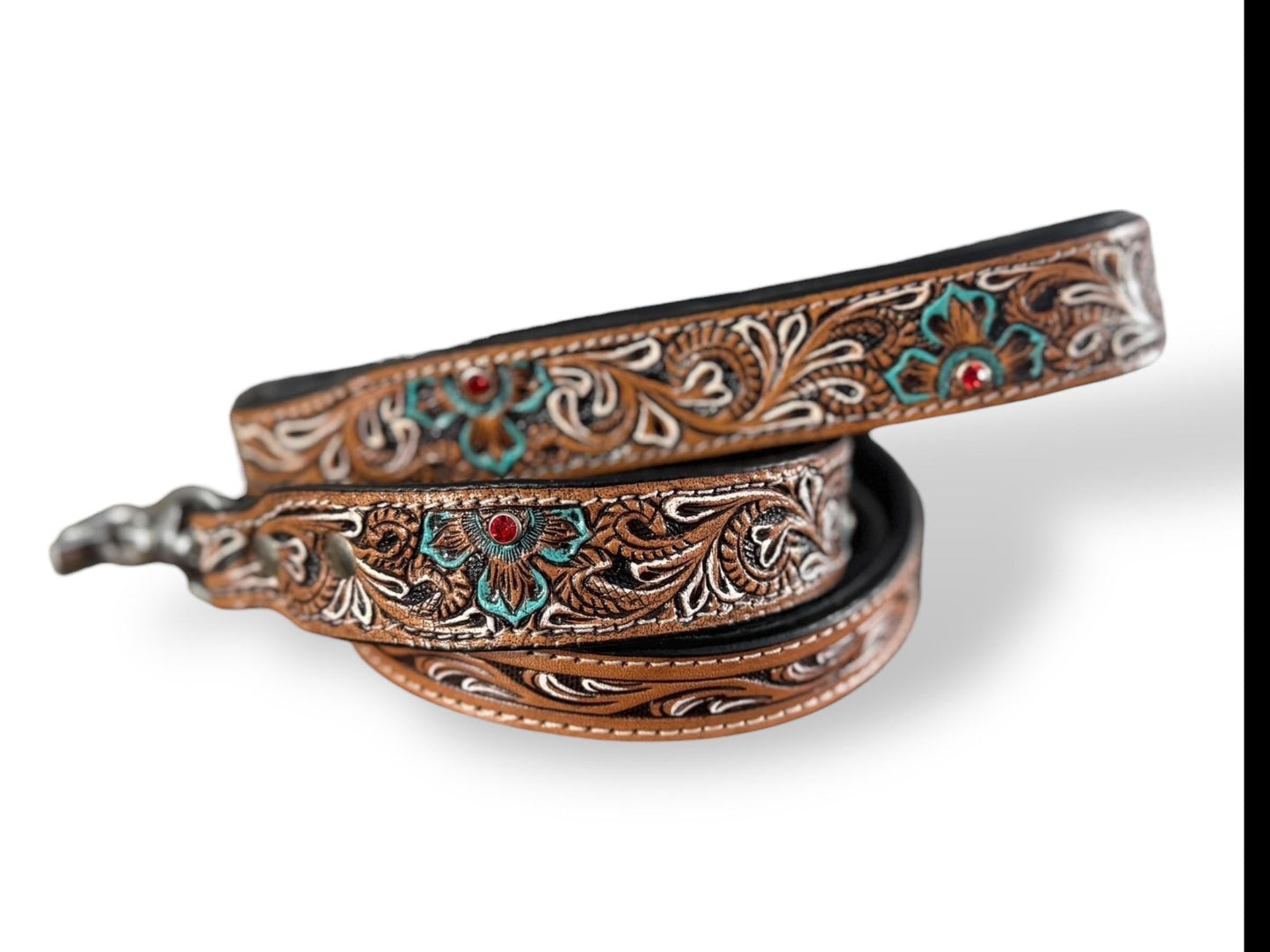 Western Genuine Leather dog collar tooled details aces cards sunflower feather rhinestone cactus floral by Double B Wild Rags