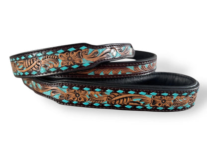 Western Genuine Leather dog collar tooled details aces cards sunflower feather rhinestone cactus floral by Double B Wild Rags