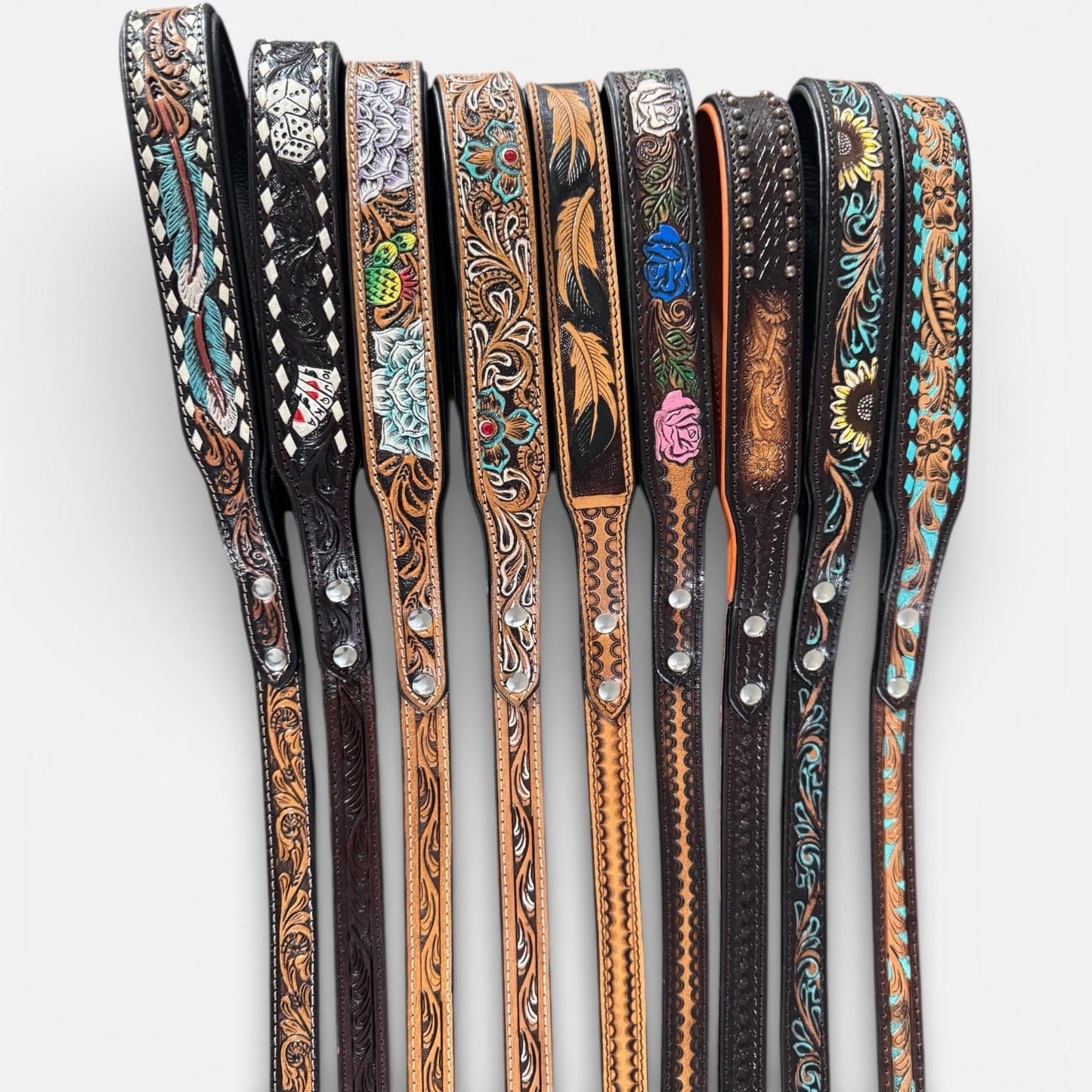 Western Genuine Leather dog collar tooled details aces cards sunflower feather rhinestone cactus floral by Double B Wild Rags