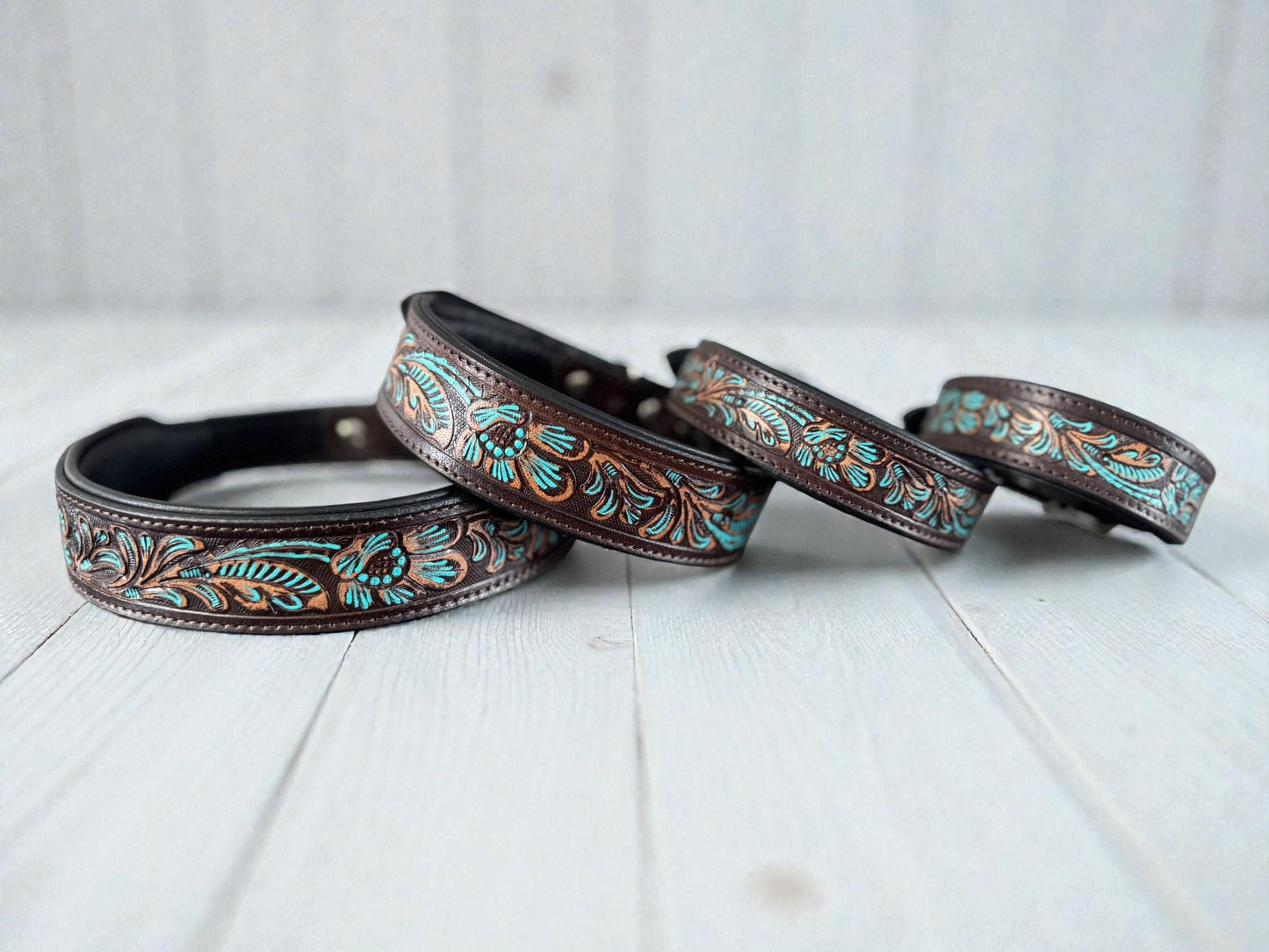 Western leather dog collar with Turquoise Floral details by Double B Wild Rags
