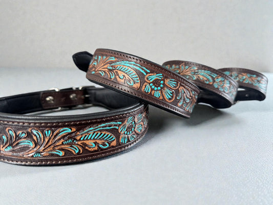 Western leather dog collar with Turquoise Floral details by Double B Wild Rags