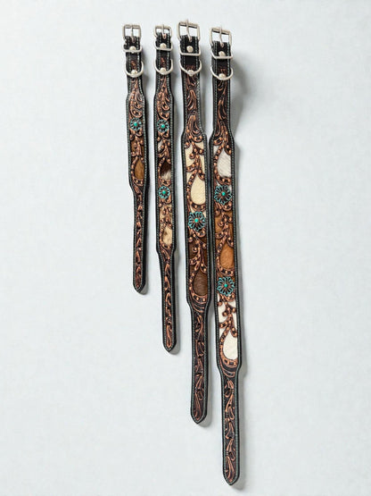 Western leather dog collar 3D inlay with Turquoise Floral details by Double B Wild Rags