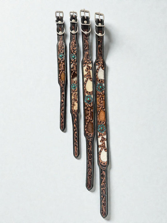 Western leather dog collar 3D inlay with Turquoise Floral details by Double B Wild Rags