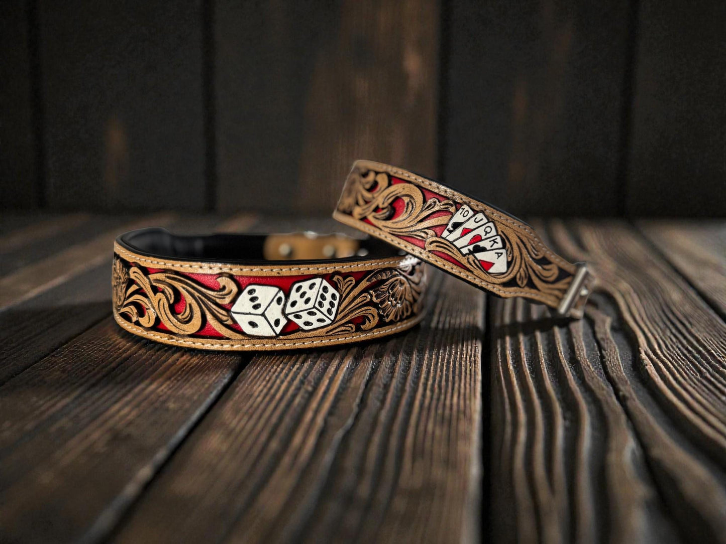 Handmade Western Leather Dog Collar: Cards & Dice Inlay