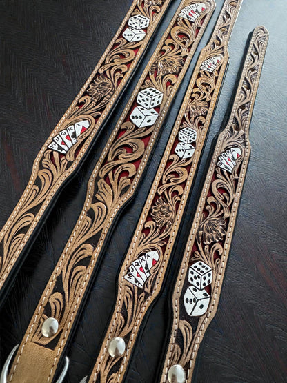 Handmade Western Leather Dog Collar: Cards & Dice Inlay