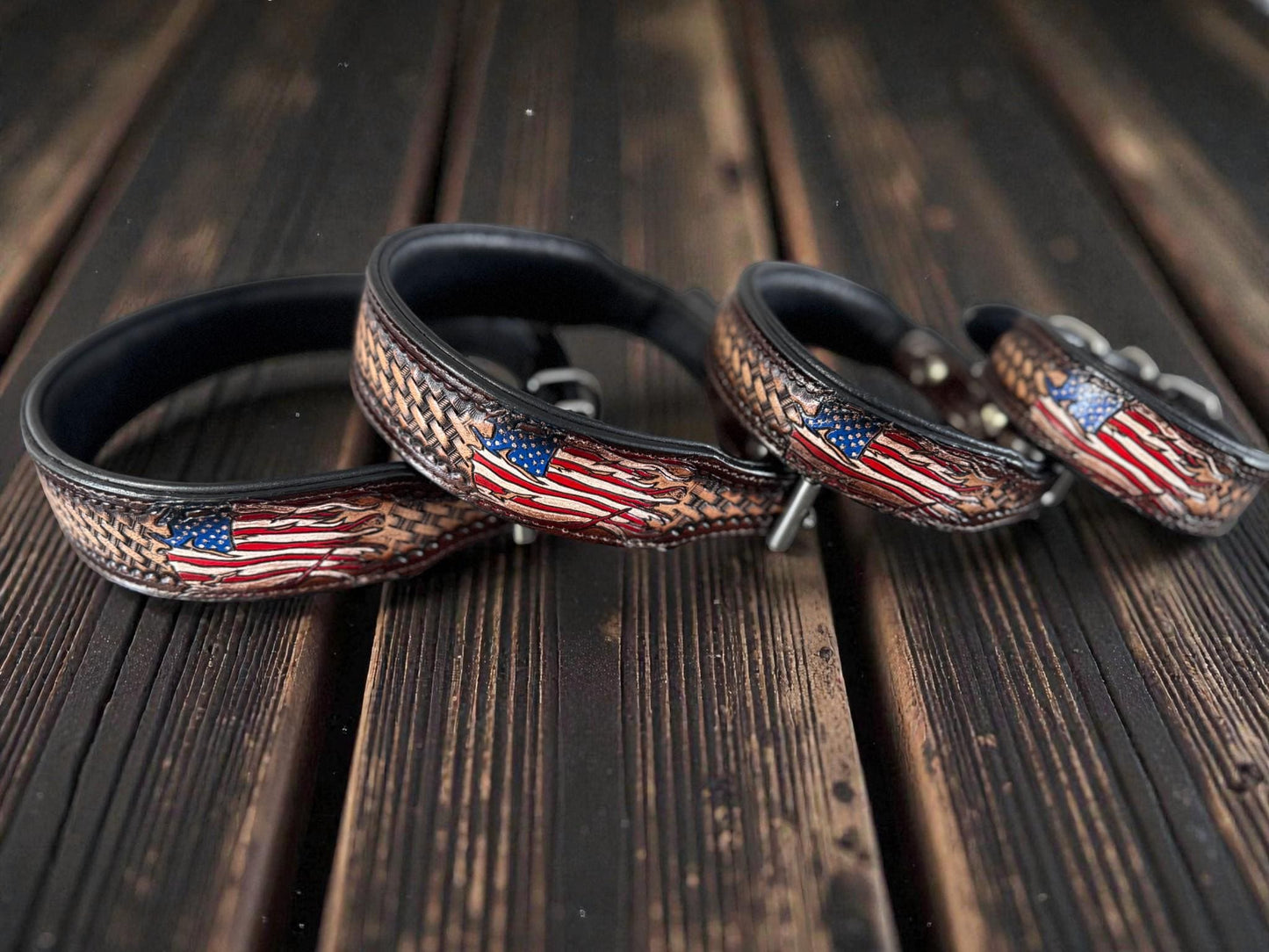 Handmade Western Leather Dog Collar: American Flag Basketweave