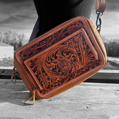 Black and Brown Genuine Western Cowhide Leather Purse with tooling and fringe