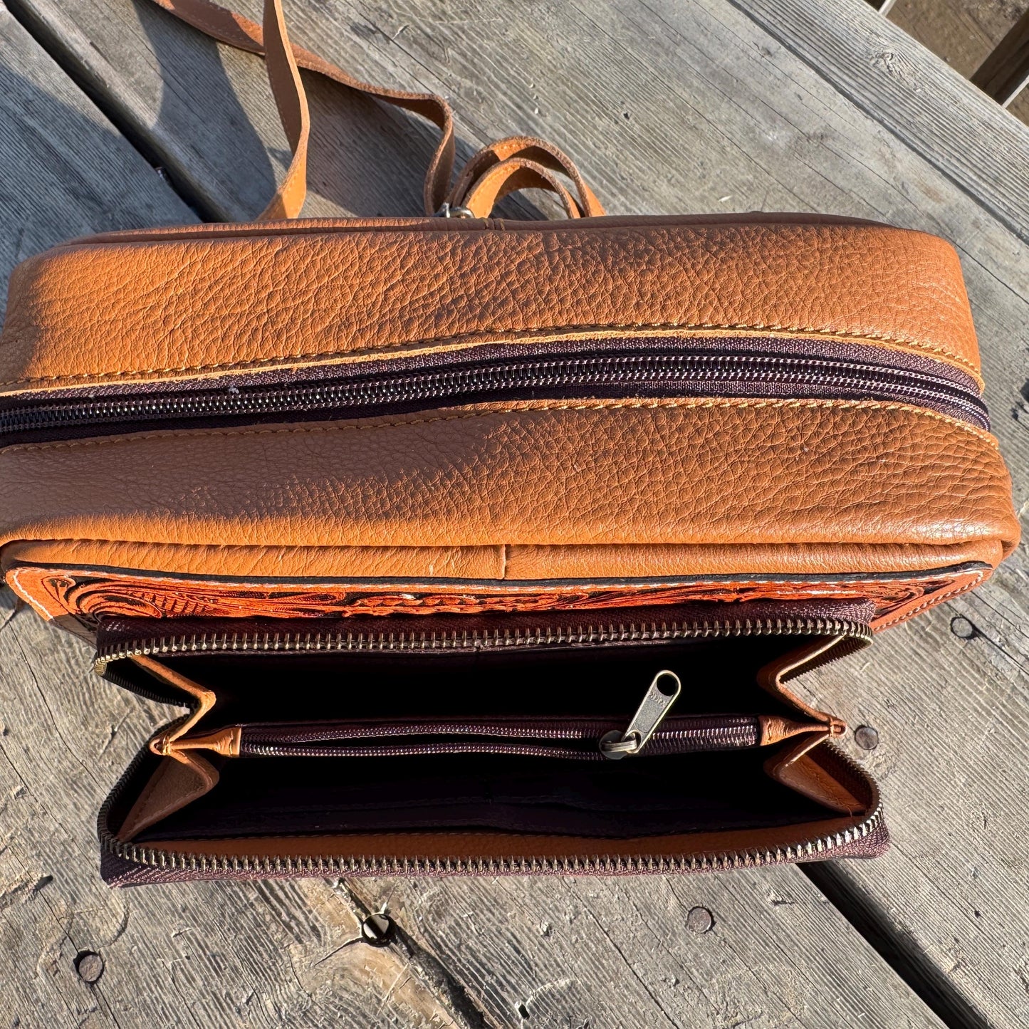 Black and Brown Genuine Western Cowhide Leather Purse with tooling and fringe
