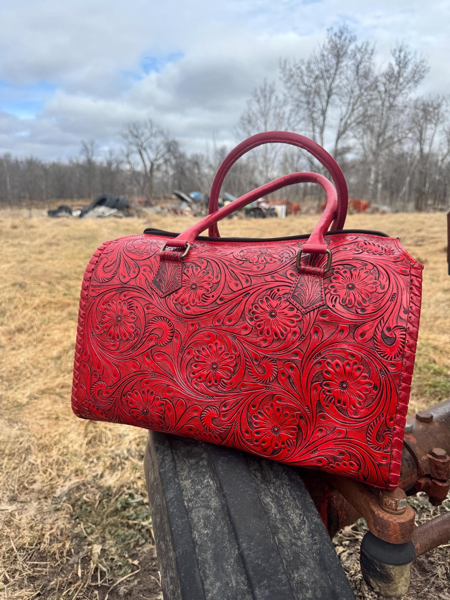 Deep Cherry Red Speedy Western Genuine Leather Barrel Bag Purse or Briefcase