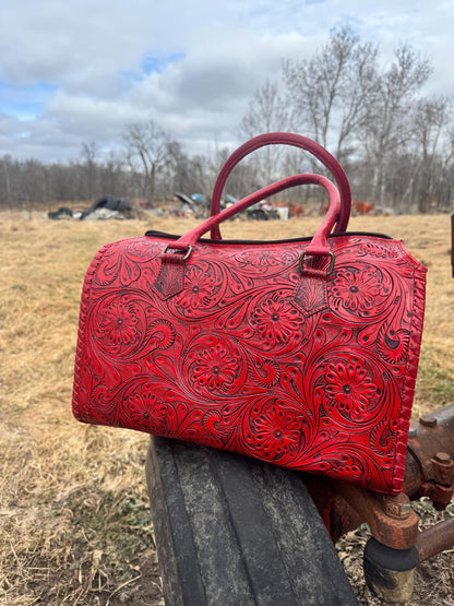 Deep Cherry Red Speedy Western Genuine Leather Barrel Bag Purse or Briefcase