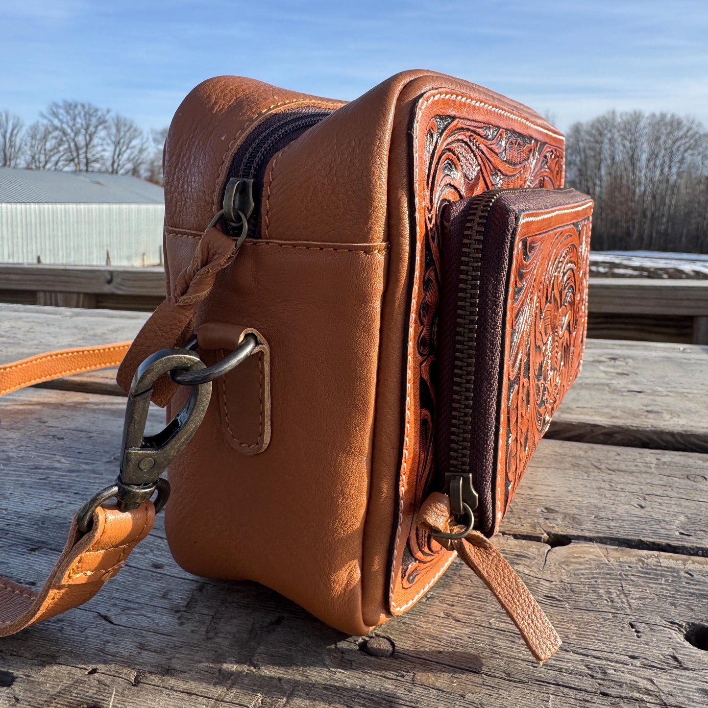 Black and Brown Genuine Western Cowhide Leather Purse with tooling and fringe