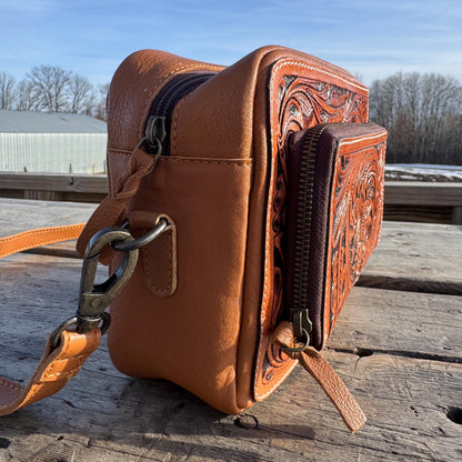 Black and Brown Genuine Western Cowhide Leather Purse with tooling and fringe