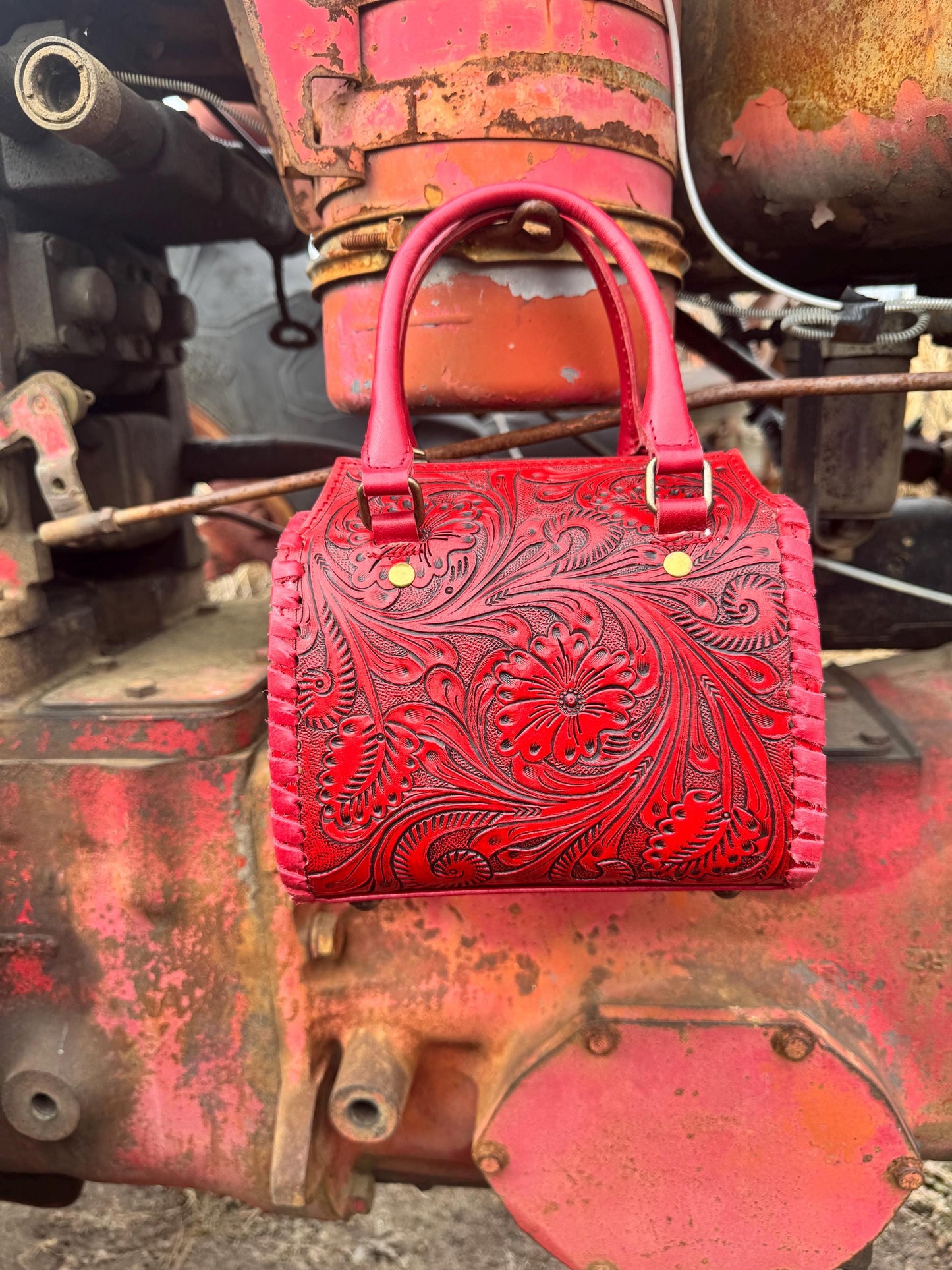 Deep Cherry Red Speedy Western Genuine Leather Barrel Bag Purse or Briefcase