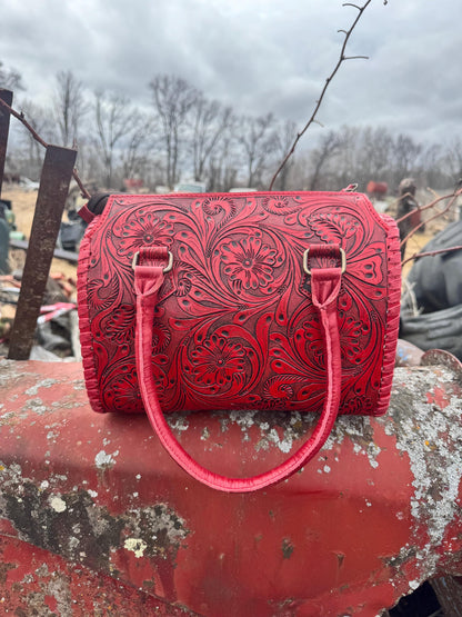 Deep Cherry Red Speedy Western Genuine Leather Barrel Bag Purse or Briefcase