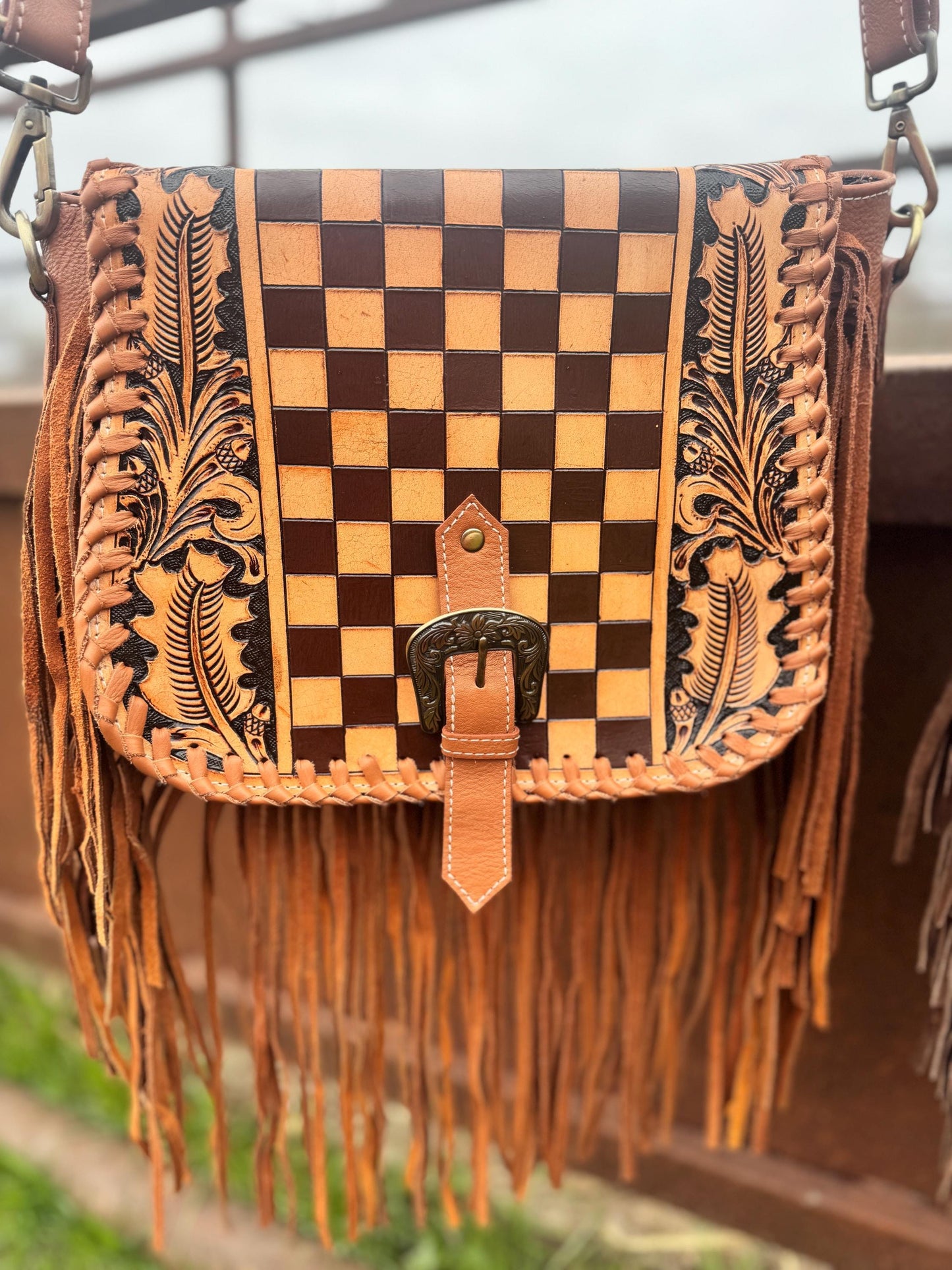Boho Fringe Checkered Leather Western Purse by Double B