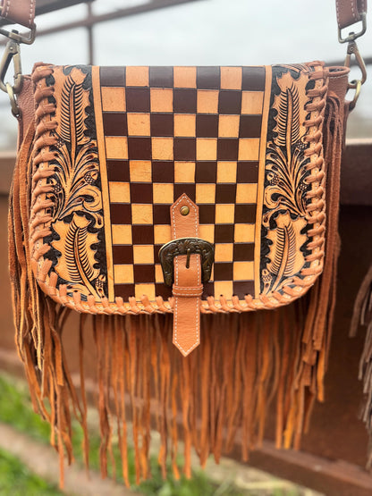Boho Fringe Checkered Leather Western Purse by Double B