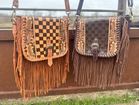 Boho Fringe Checkered Leather Western Purse by Double B