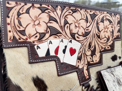 Genuine Western Spotted Cowhide Leather Purse and Wallet with Ace Cards painted details and brown fringe