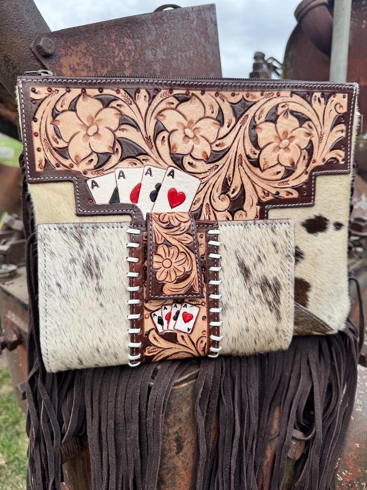 Genuine Western Spotted Cowhide Leather Purse and Wallet with Ace Cards painted details and brown fringe