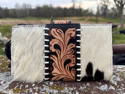 Genuine Western Spotted Cowhide Leather Purse and Wallet with Ace Cards painted details and black fringe