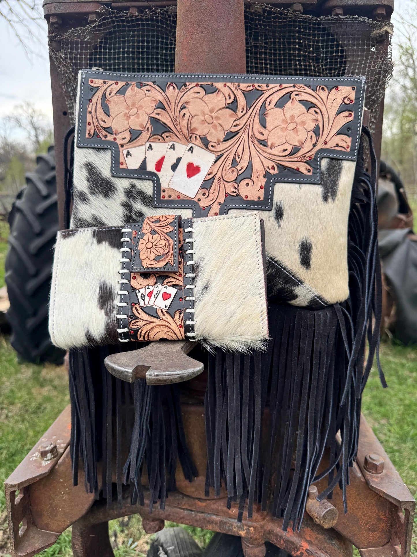 Genuine Western Spotted Cowhide Leather Purse and Wallet with Ace Cards painted details and black fringe