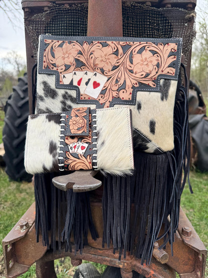Genuine Western Spotted Cowhide Leather Purse and Wallet with Ace Cards painted details and black fringe