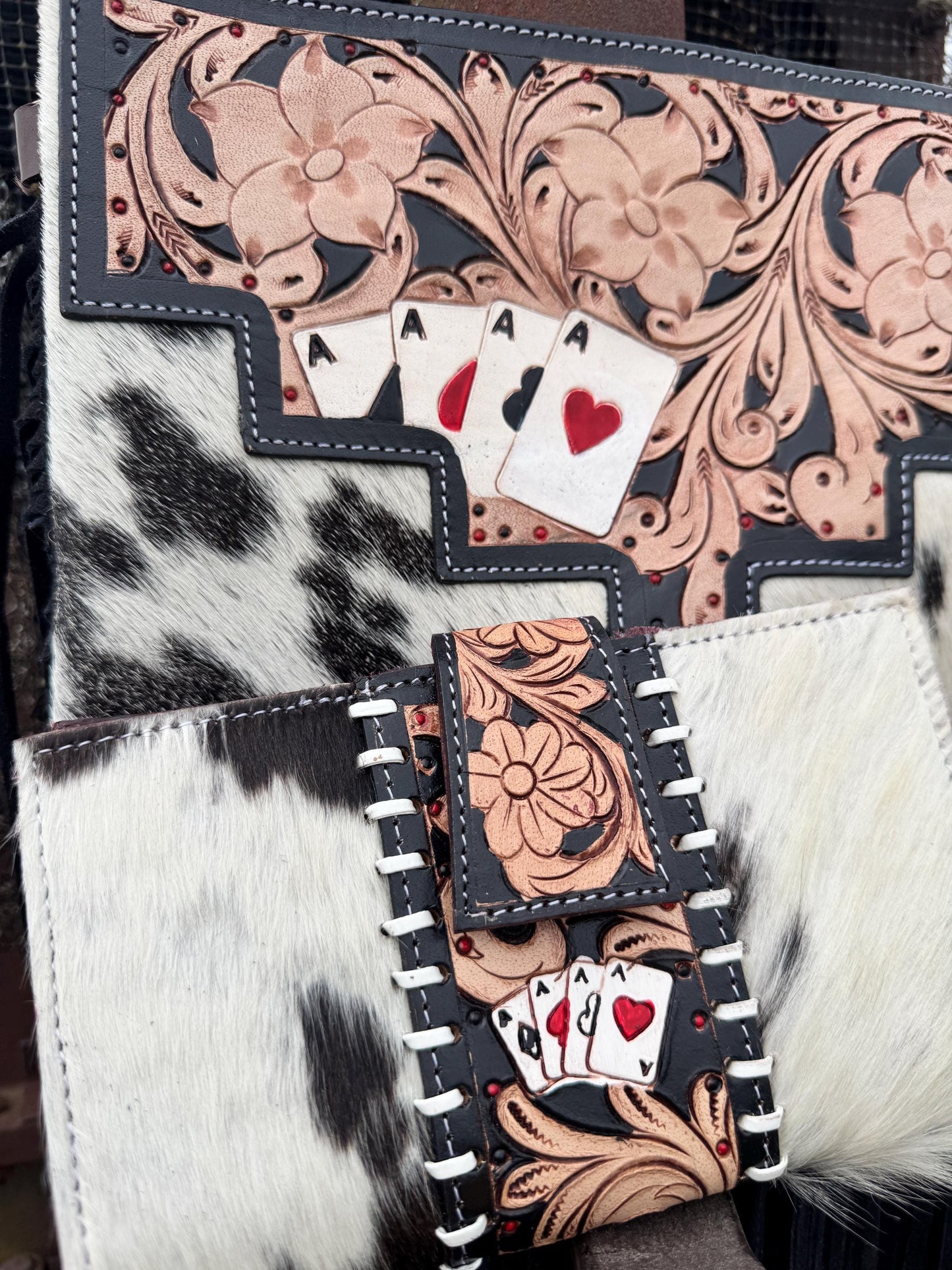 Genuine Western Spotted Cowhide Leather Purse and Wallet with Ace Cards painted details and black fringe