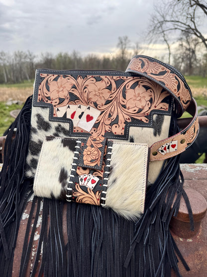 Genuine Western Spotted Cowhide Leather Purse and Wallet with Ace Cards painted details and black fringe
