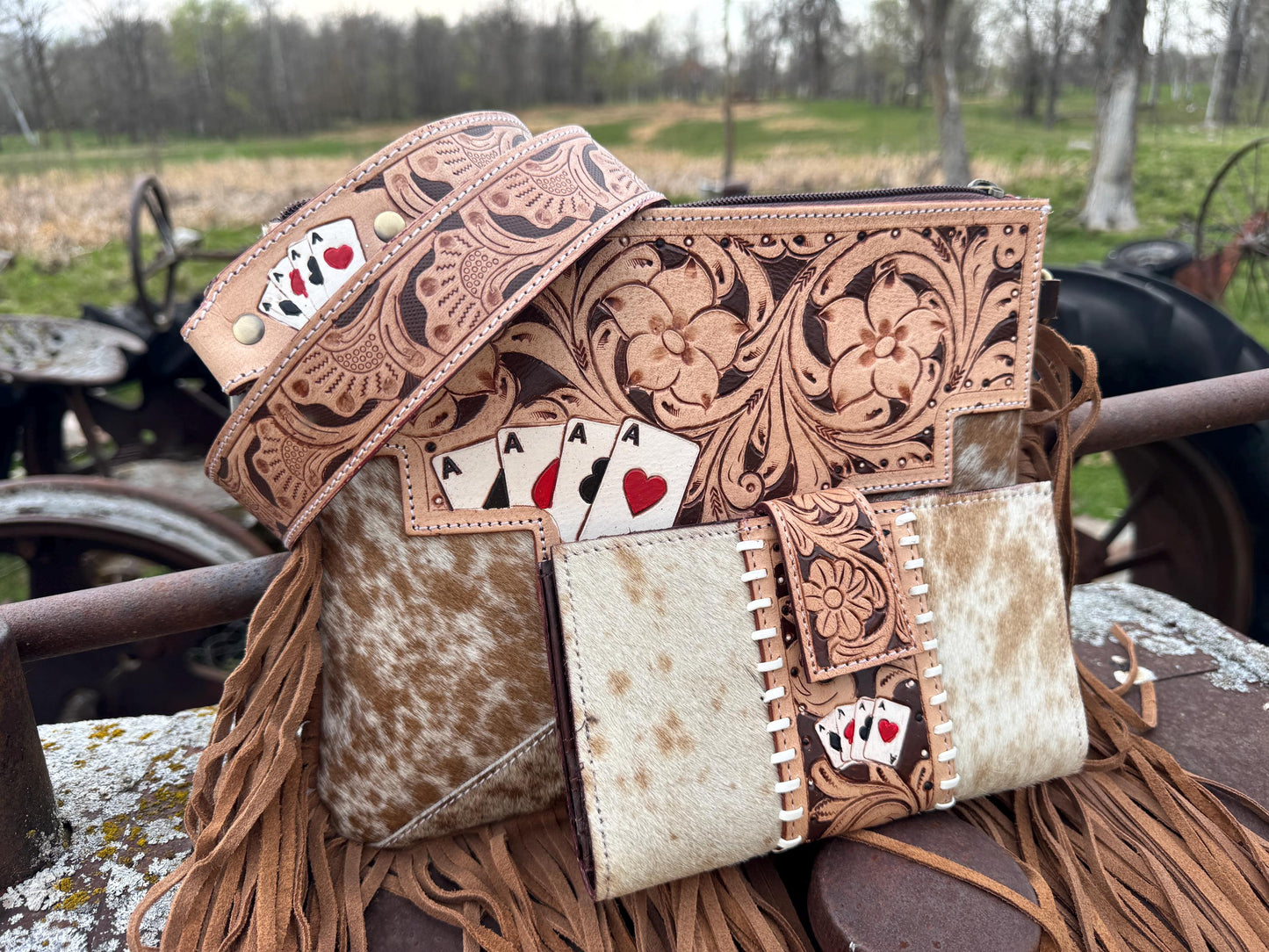 Genuine Western Spotted Cowhide Leather Purse and Wallet with Ace Cards painted details and tan fringe