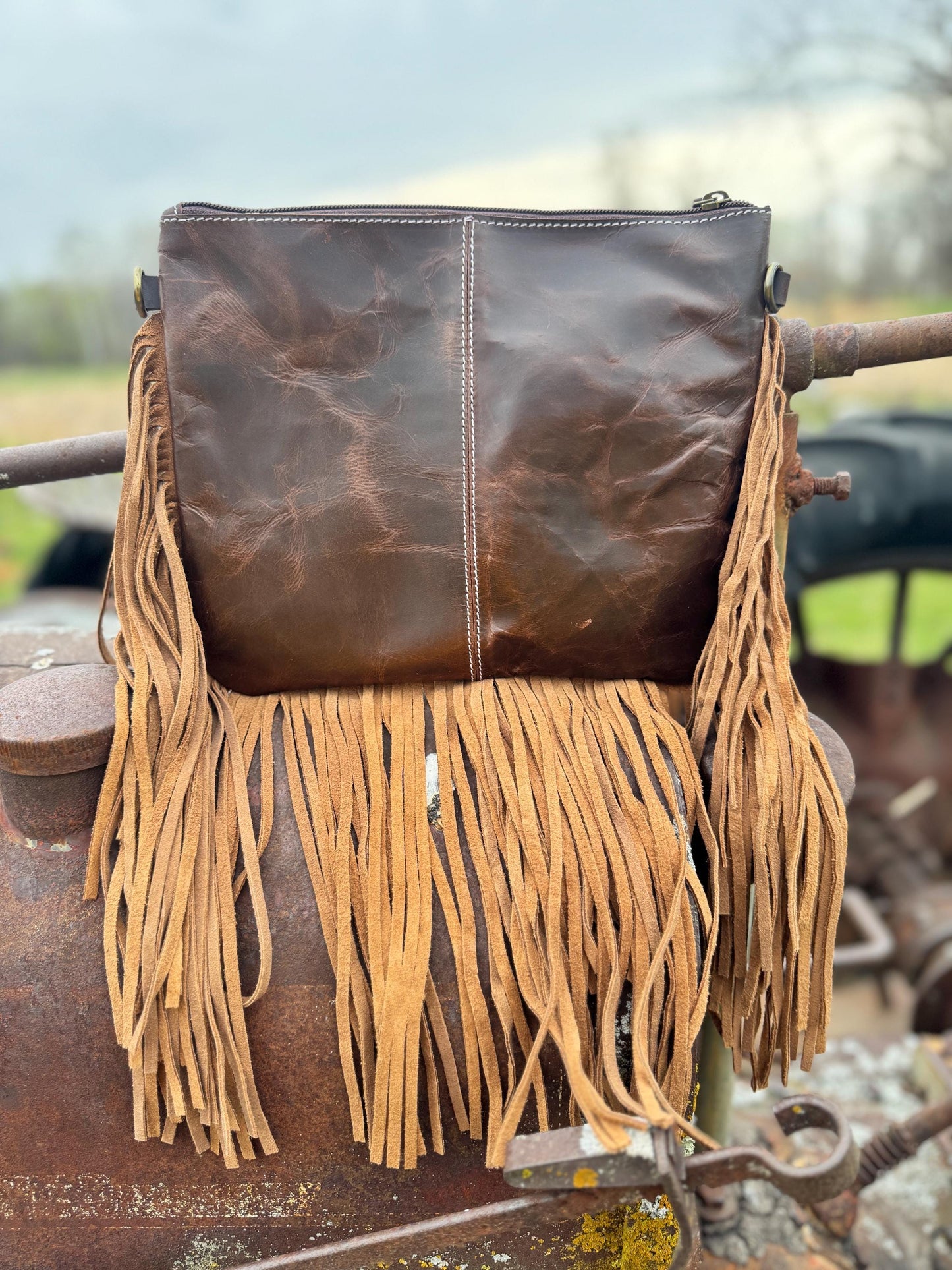Genuine Western Spotted Cowhide Leather Purse and Wallet with Ace Cards painted details and tan fringe