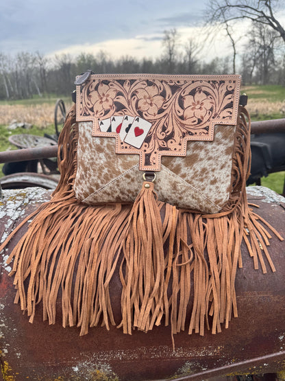 Genuine Western Spotted Cowhide Leather Purse and Wallet with Ace Cards painted details and tan fringe