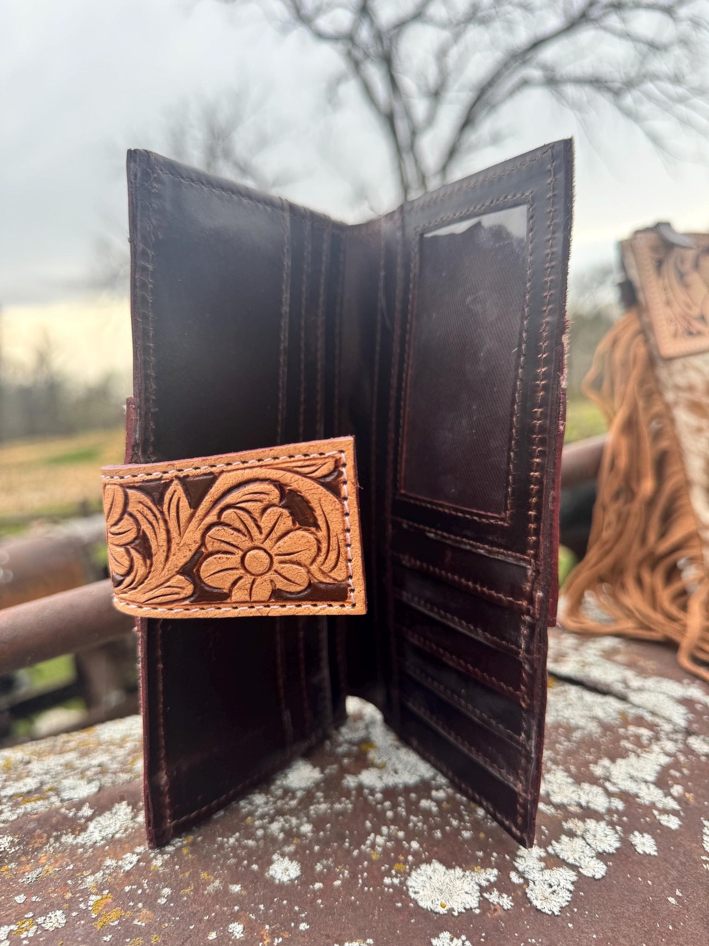 Genuine Western Spotted Cowhide Leather Purse and Wallet with Ace Cards painted details and tan fringe