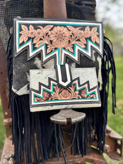 Genuine Western Black Cowhide Leather Fringe Purse and Wallet Set