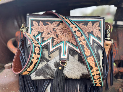 Genuine Western Black Cowhide Leather Fringe Purse and Wallet Set