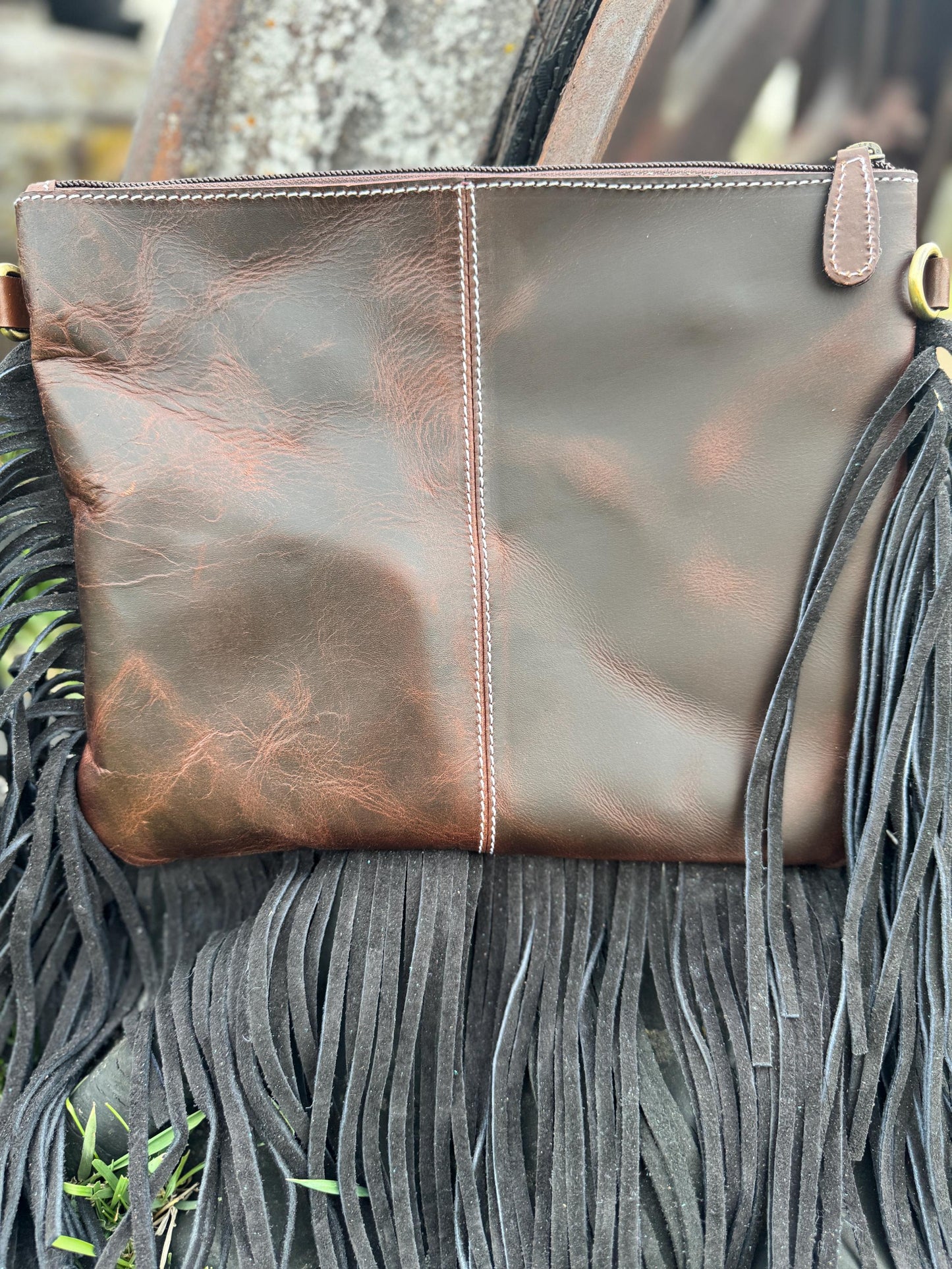 Genuine Western Black Cowhide Leather Fringe Purse and Wallet Set
