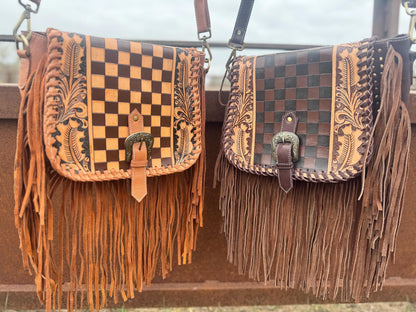 Boho Fringe Checkered Leather Western Purse by Double B