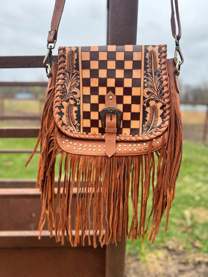 Boho Fringe Checkered Leather Western Purse by Double B