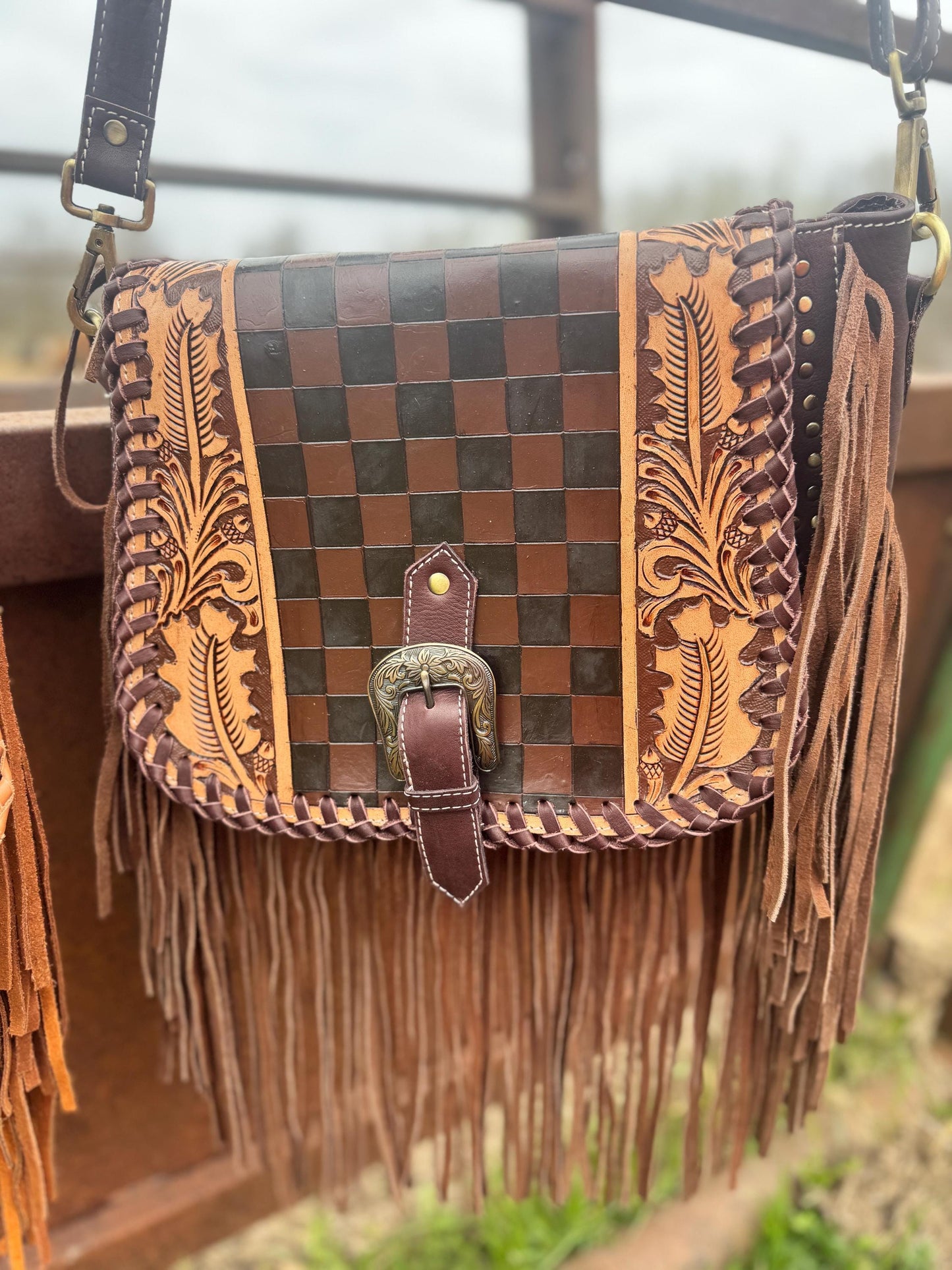 Boho Fringe Checkered Leather Western Purse by Double B