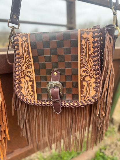 Boho Fringe Checkered Leather Western Purse by Double B