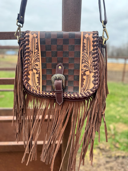 Boho Fringe Checkered Leather Western Purse by Double B